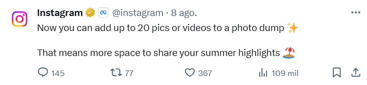 Tweet de Instagram anunciando que ya se pueden publicar 2 fotografias por publicación