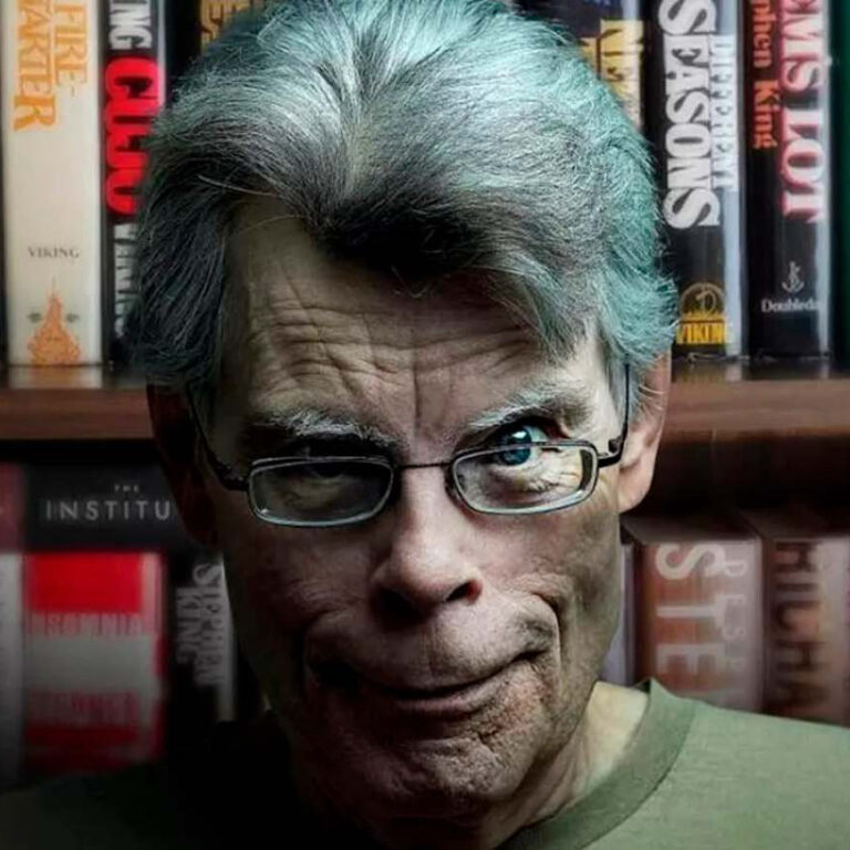 Fotografía de Stephen King en cuadrado con foto de libros